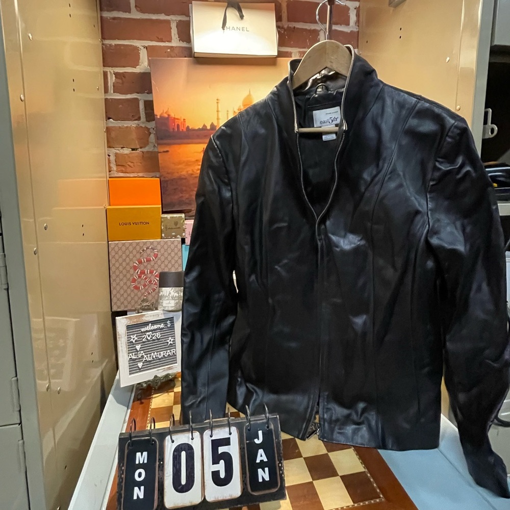 East 5th Jacket Black Leather Collared Zip Front Pockets Lined